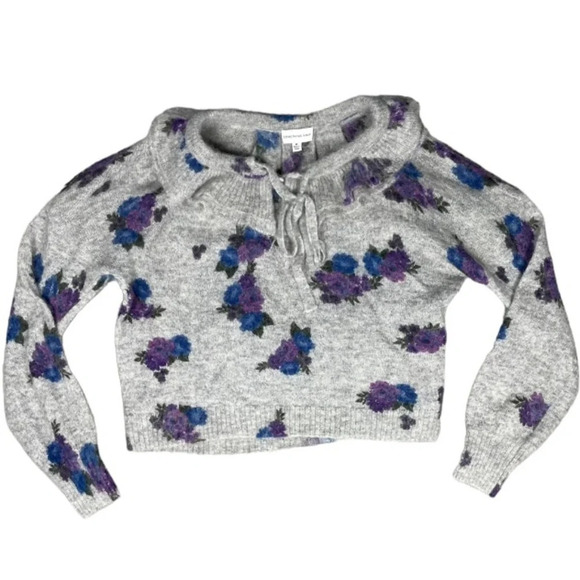 Something Navy Sweater Womens Medium Grey Alpaca Wool Floral Ruffle Feminine - Picture 1 of 9